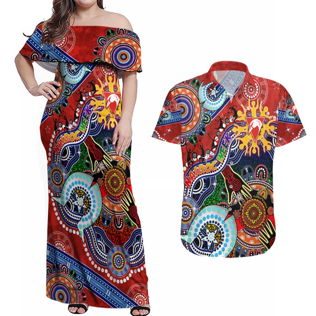 Custom NAIDOC Week 2024 Sydney Swans Couples Matching Off Shoulder Maxi Dress and Hawaiian Shirt Australia Aboriginal Dot Painting