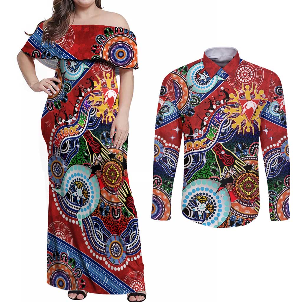 Custom NAIDOC Week 2024 Sydney Swans Couples Matching Off Shoulder Maxi Dress and Long Sleeve Button Shirt Australia Aboriginal Dot Painting