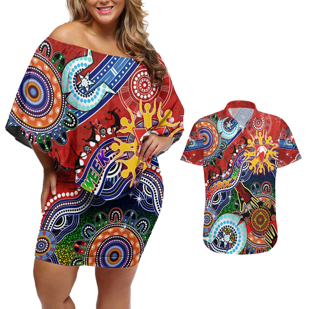 Custom NAIDOC Week 2024 Sydney Swans Couples Matching Off Shoulder Short Dress and Hawaiian Shirt Australia Aboriginal Dot Painting