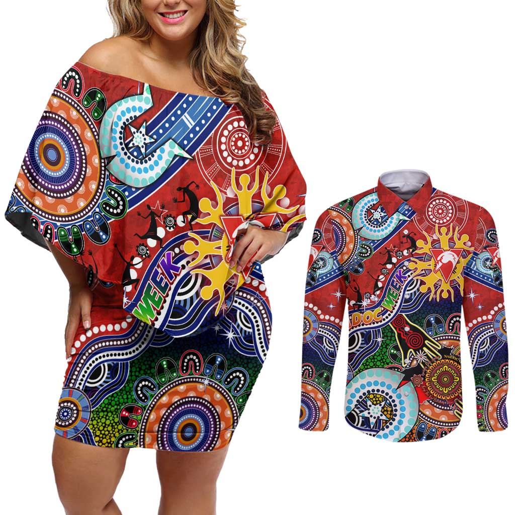 Custom NAIDOC Week 2024 Sydney Swans Couples Matching Off Shoulder Short Dress and Long Sleeve Button Shirt Australia Aboriginal Dot Painting