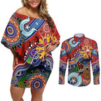 Custom NAIDOC Week 2024 Sydney Swans Couples Matching Off Shoulder Short Dress and Long Sleeve Button Shirt Australia Aboriginal Dot Painting