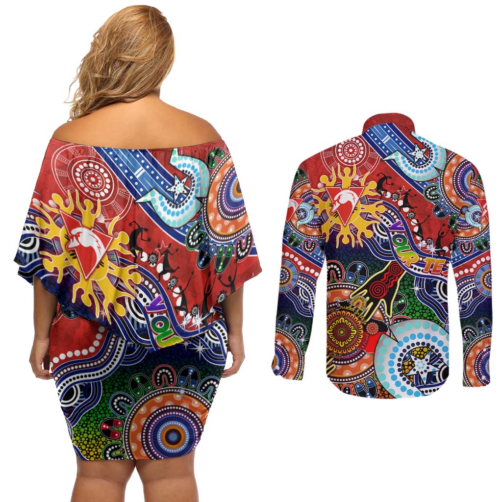 Custom NAIDOC Week 2024 Sydney Swans Couples Matching Off Shoulder Short Dress and Long Sleeve Button Shirt Australia Aboriginal Dot Painting