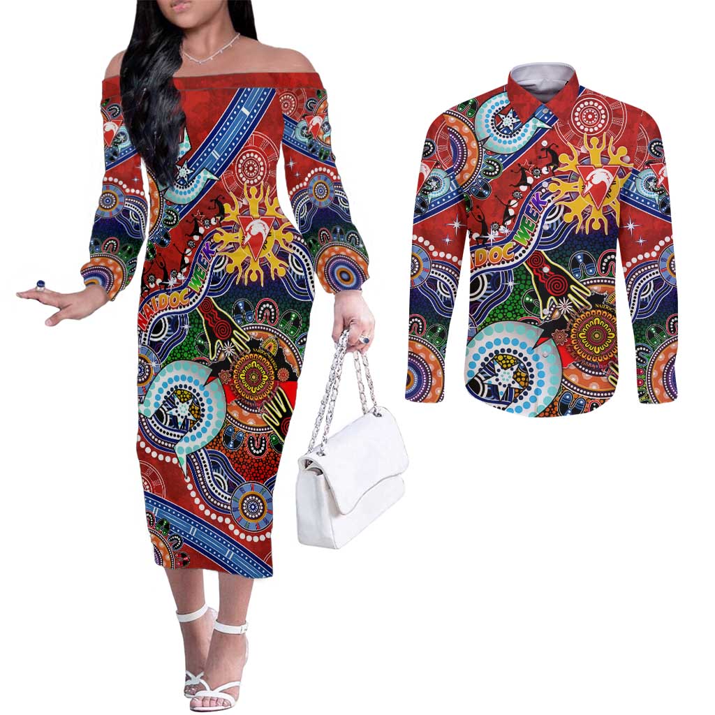Custom NAIDOC Week 2024 Sydney Swans Couples Matching Off The Shoulder Long Sleeve Dress and Long Sleeve Button Shirt Australia Aboriginal Dot Painting