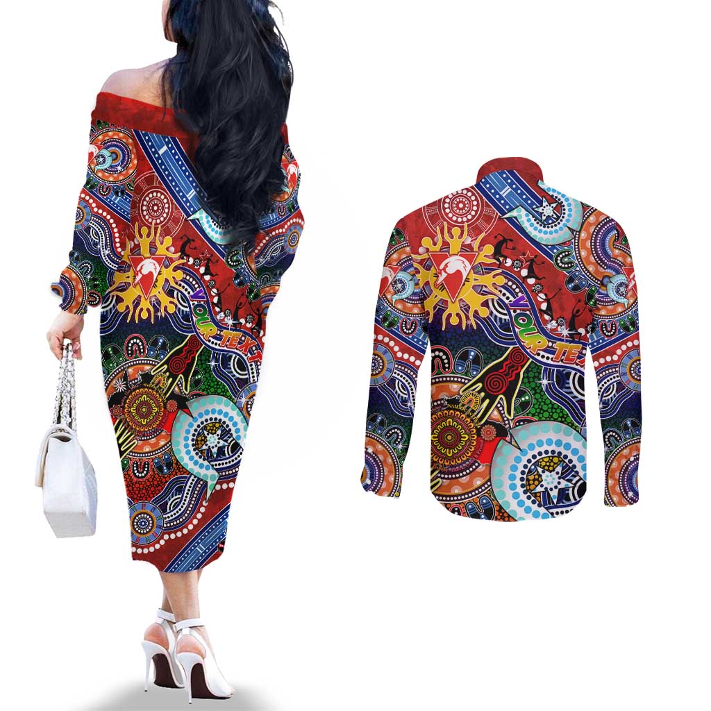 Custom NAIDOC Week 2024 Sydney Swans Couples Matching Off The Shoulder Long Sleeve Dress and Long Sleeve Button Shirt Australia Aboriginal Dot Painting