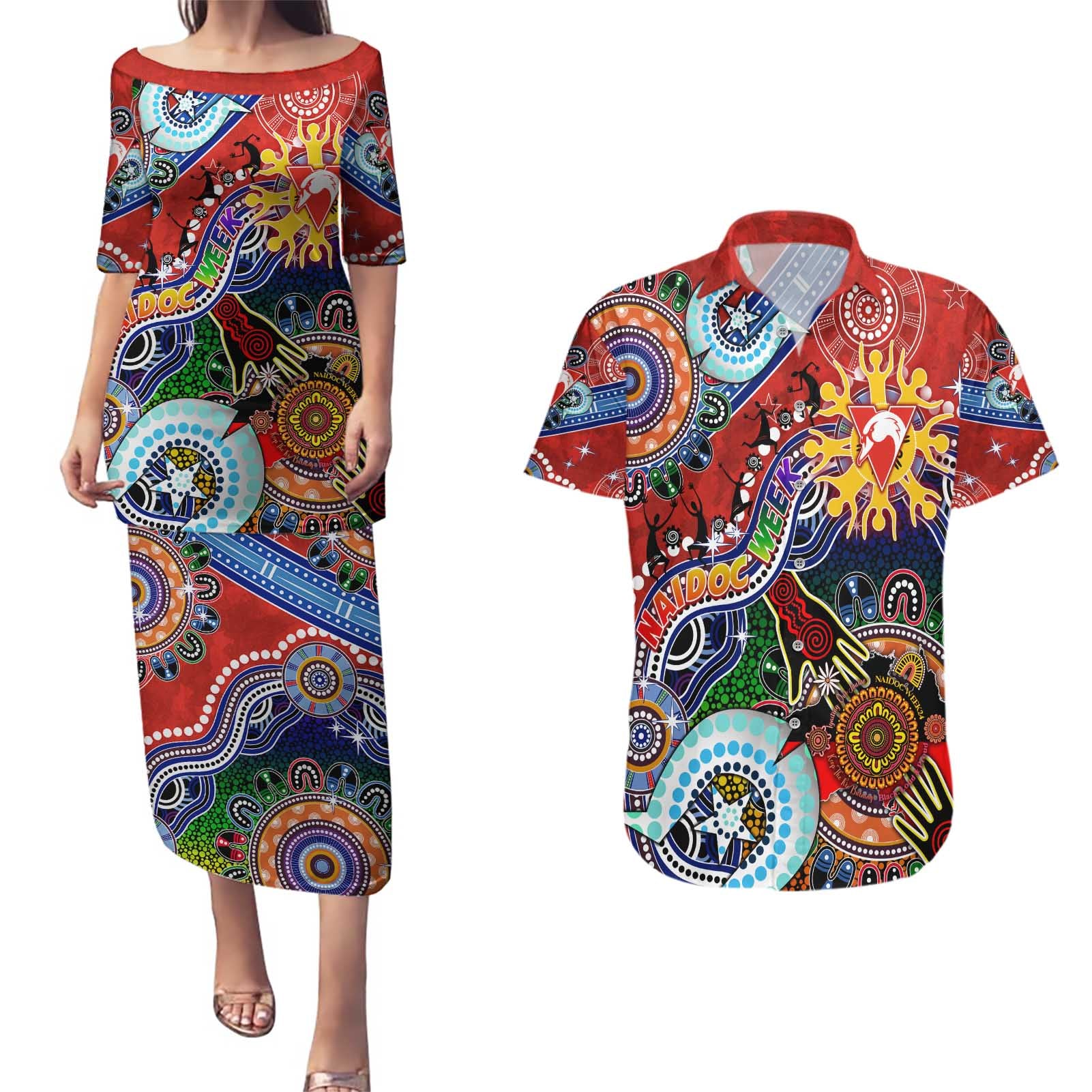 Custom NAIDOC Week 2024 Sydney Swans Couples Matching Puletasi and Hawaiian Shirt Australia Aboriginal Dot Painting