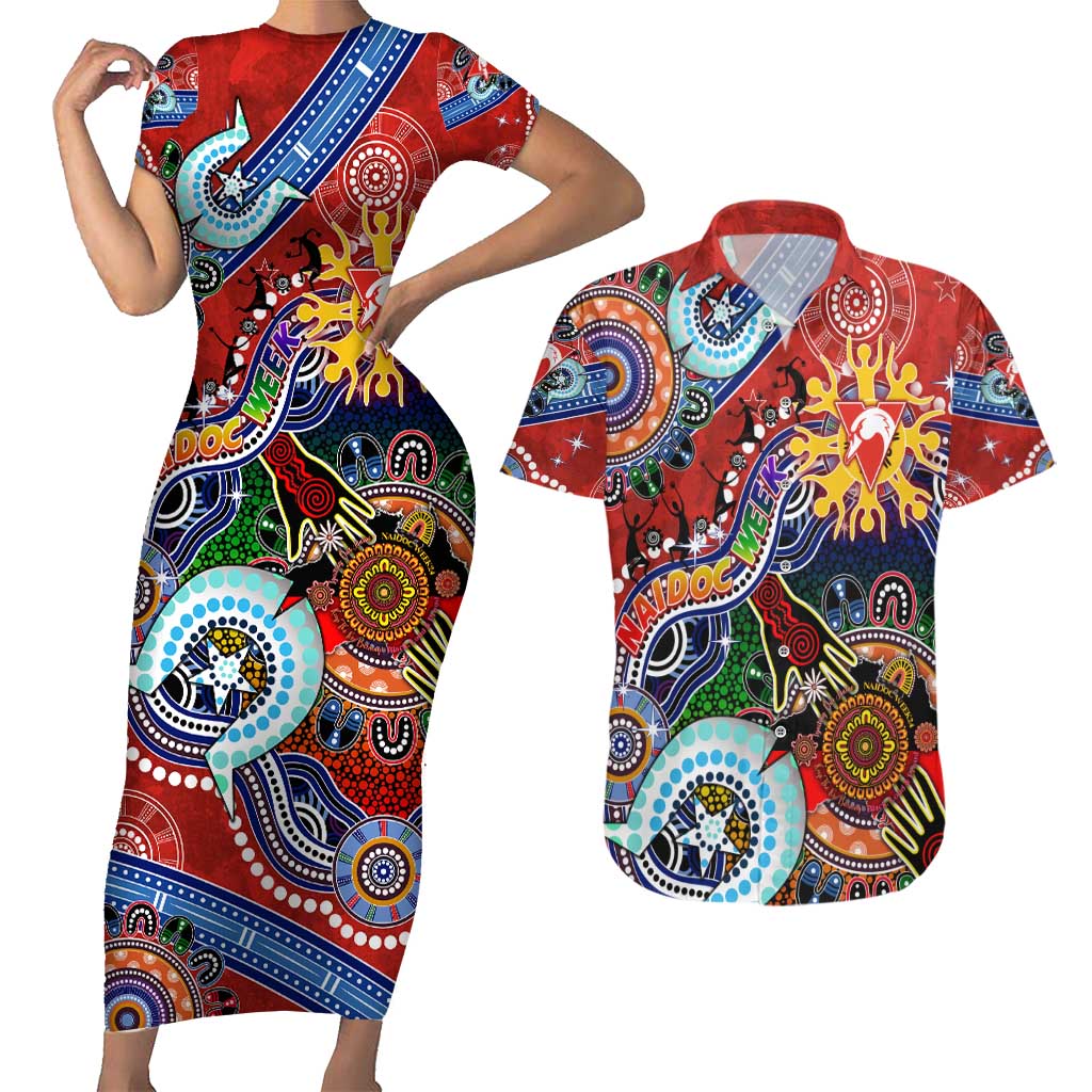 Custom NAIDOC Week 2024 Sydney Swans Couples Matching Short Sleeve Bodycon Dress and Hawaiian Shirt Australia Aboriginal Dot Painting