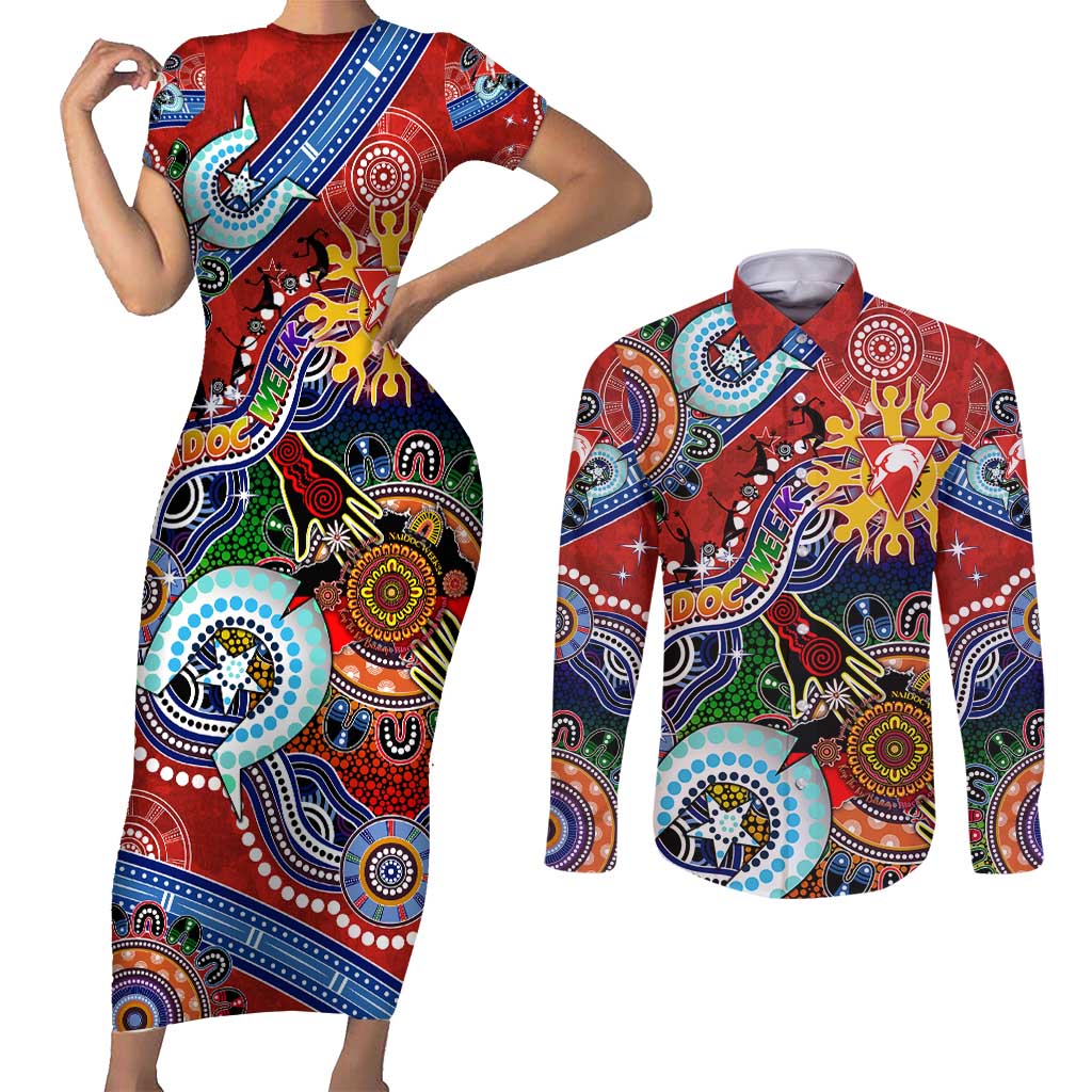 Custom NAIDOC Week 2024 Sydney Swans Couples Matching Short Sleeve Bodycon Dress and Long Sleeve Button Shirt Australia Aboriginal Dot Painting