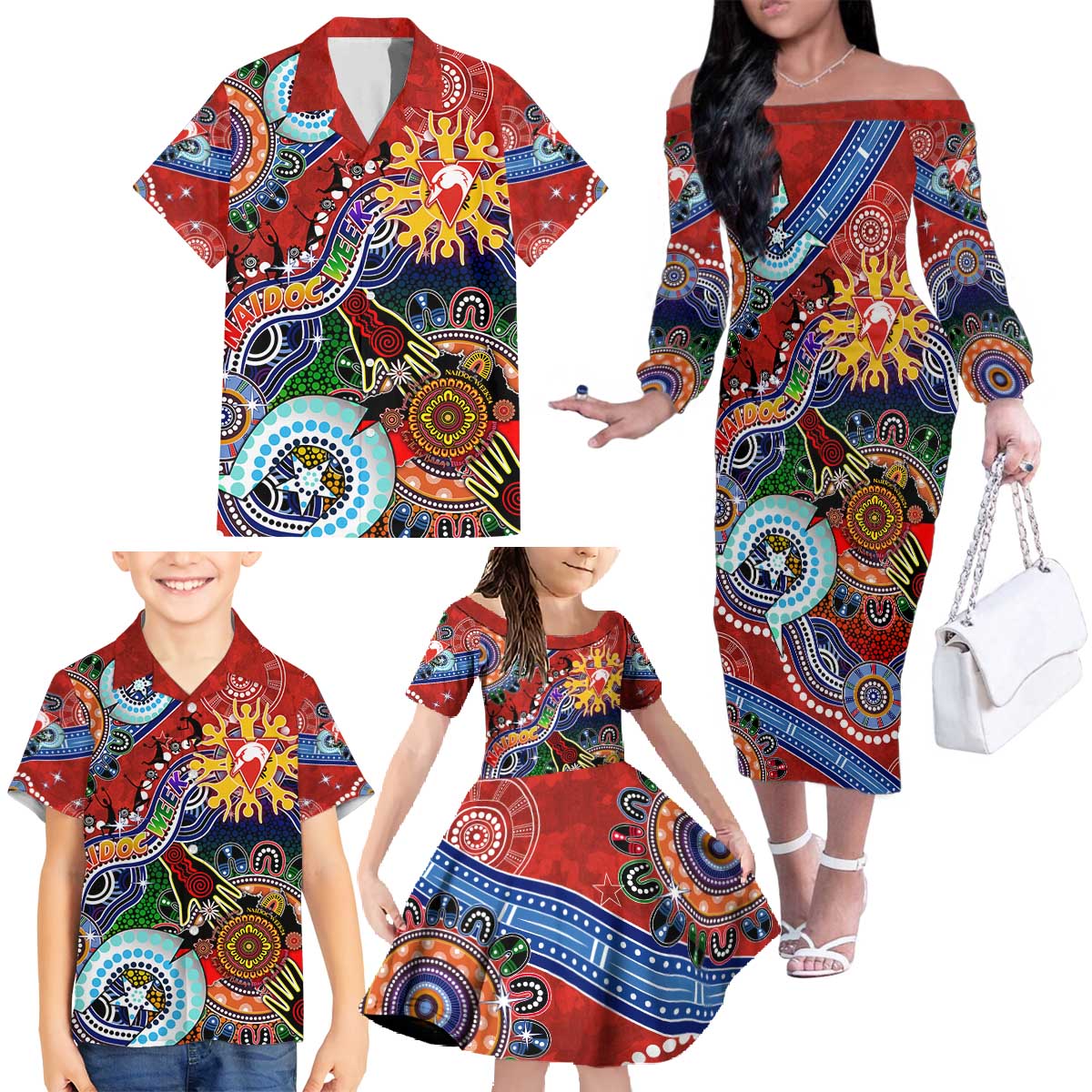 Custom NAIDOC Week 2024 Sydney Swans Family Matching Off The Shoulder Long Sleeve Dress and Hawaiian Shirt Australia Aboriginal Dot Painting