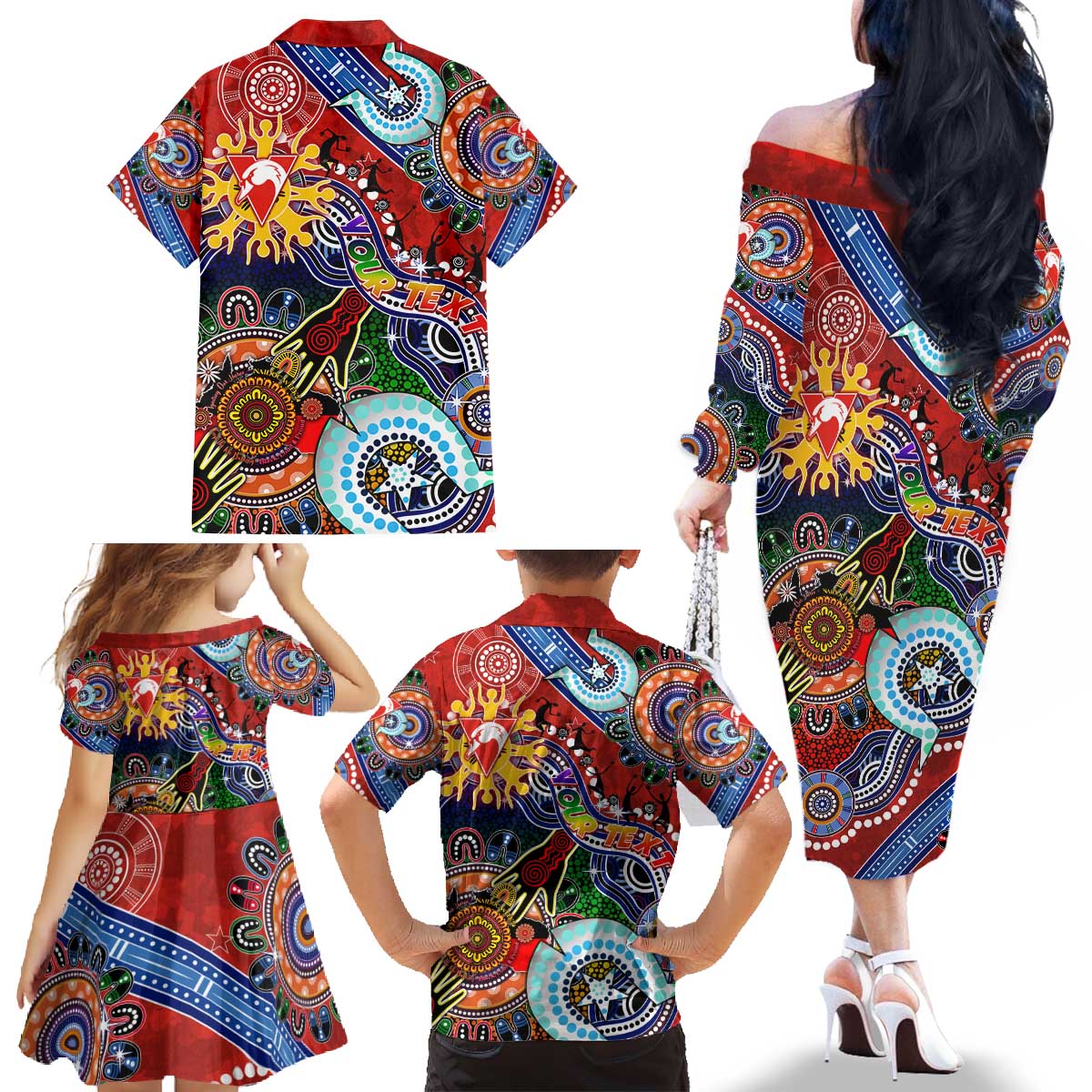 Custom NAIDOC Week 2024 Sydney Swans Family Matching Off The Shoulder Long Sleeve Dress and Hawaiian Shirt Australia Aboriginal Dot Painting