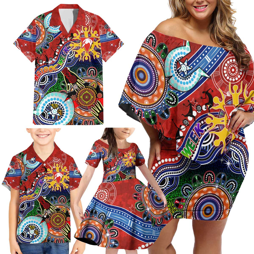 Custom NAIDOC Week 2024 Sydney Swans Family Matching Off Shoulder Short Dress and Hawaiian Shirt Australia Aboriginal Dot Painting