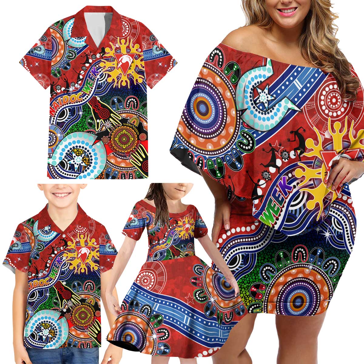 Custom NAIDOC Week 2024 Sydney Swans Family Matching Off Shoulder Short Dress and Hawaiian Shirt Australia Aboriginal Dot Painting