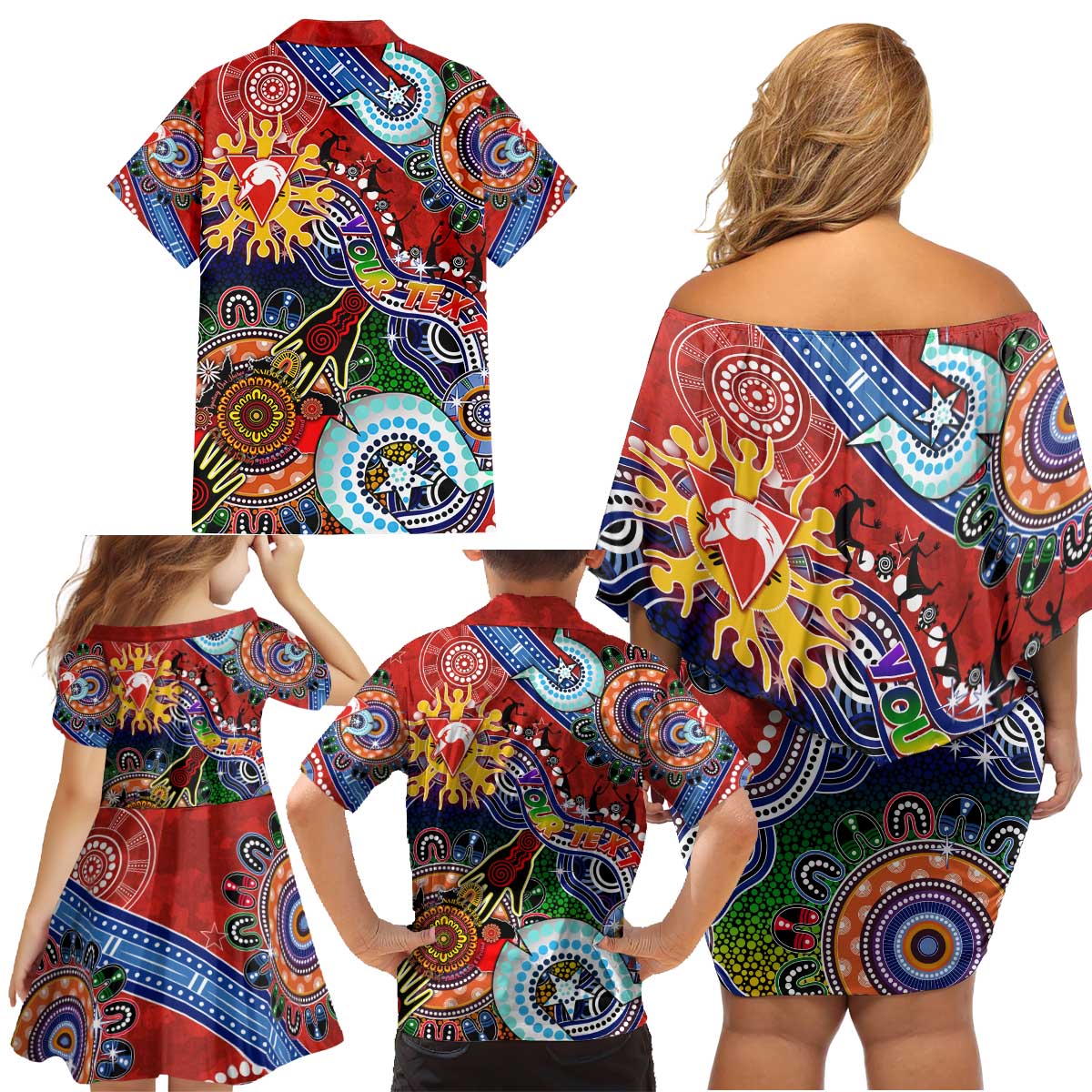 Custom NAIDOC Week 2024 Sydney Swans Family Matching Off Shoulder Short Dress and Hawaiian Shirt Australia Aboriginal Dot Painting