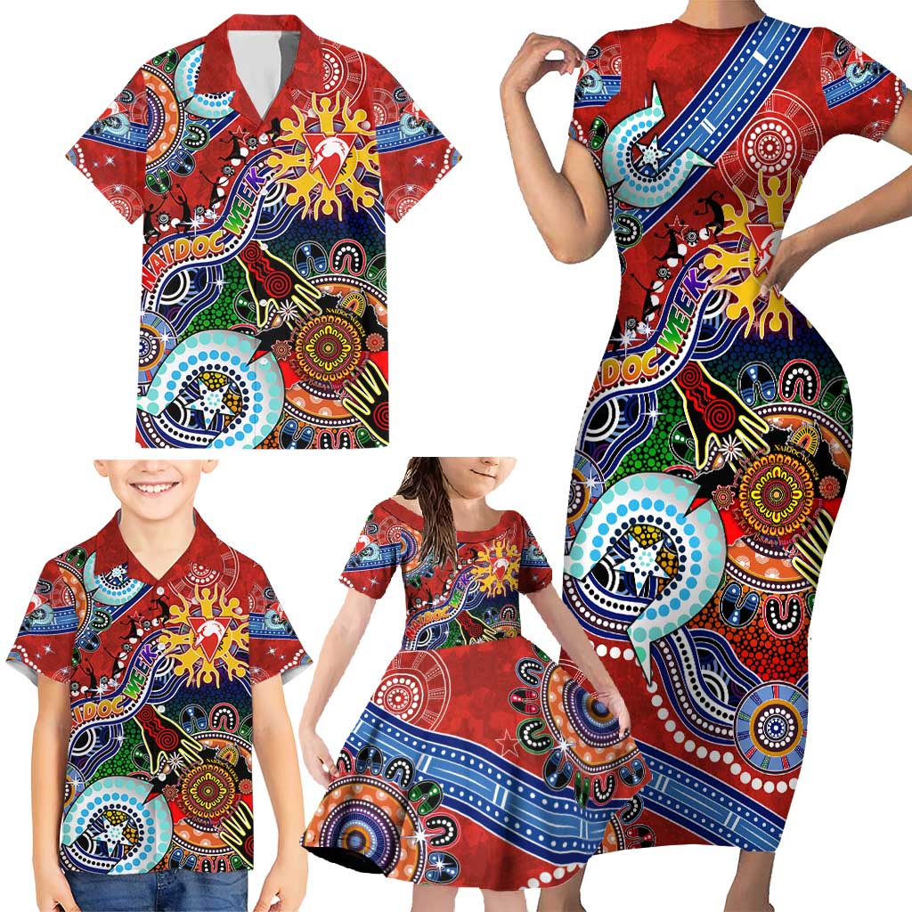 Custom NAIDOC Week 2024 Sydney Swans Family Matching Short Sleeve Bodycon Dress and Hawaiian Shirt Australia Aboriginal Dot Painting