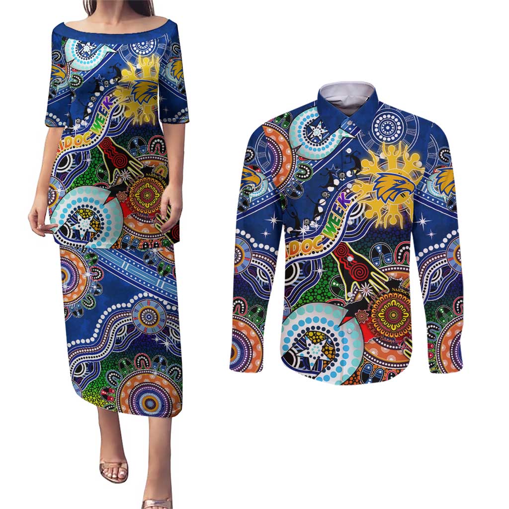 Custom NAIDOC Week 2024 West Coast Eagles Couples Matching Puletasi and Long Sleeve Button Shirt Australia Aboriginal Dot Painting