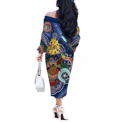 Custom NAIDOC Week 2024 West Coast Eagles Off The Shoulder Long Sleeve Dress Australia Aboriginal Dot Painting