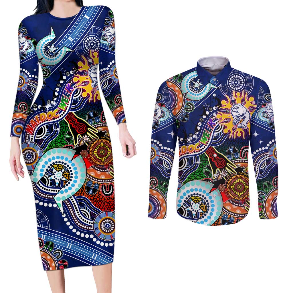 Custom NAIDOC Week 2024 Western Bulldogs Couples Matching Long Sleeve Bodycon Dress and Long Sleeve Button Shirt Australia Aboriginal Dot Painting