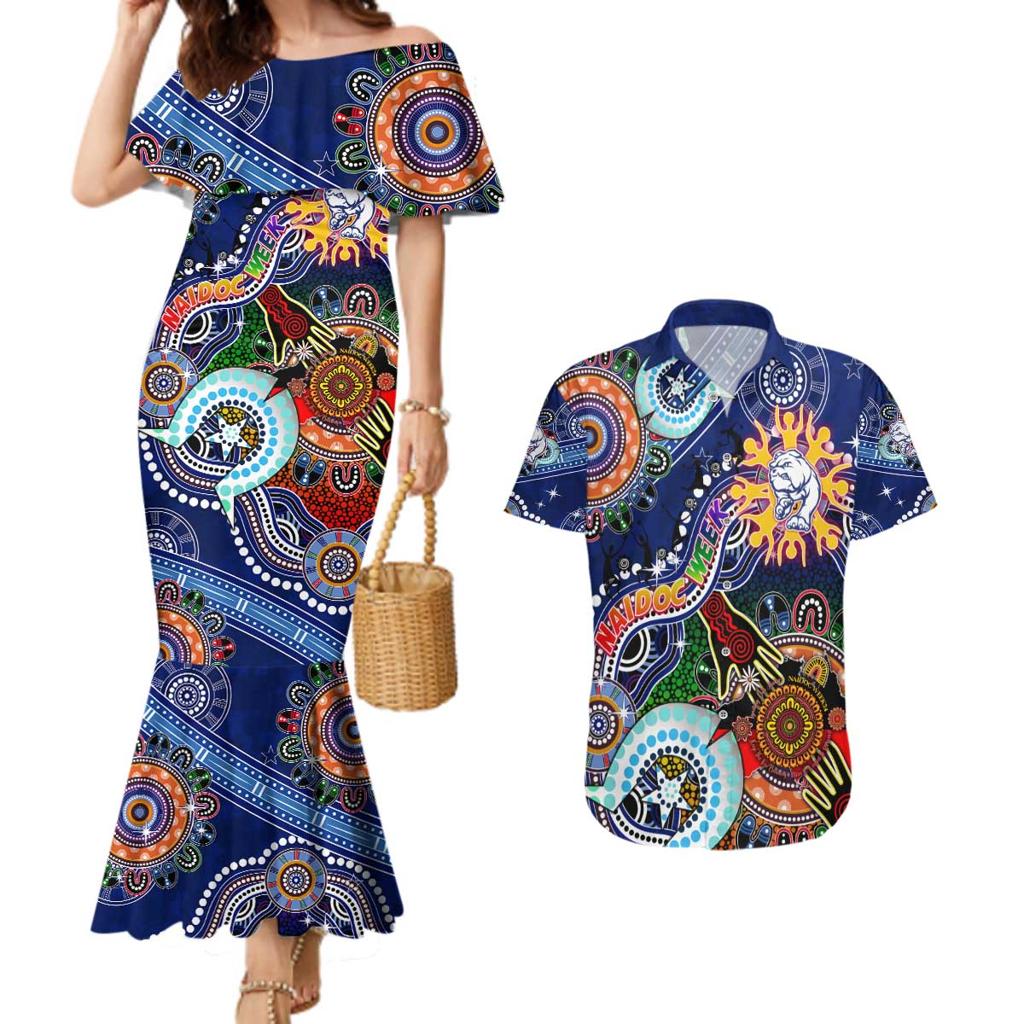 Custom NAIDOC Week 2024 Western Bulldogs Couples Matching Mermaid Dress and Hawaiian Shirt Australia Aboriginal Dot Painting