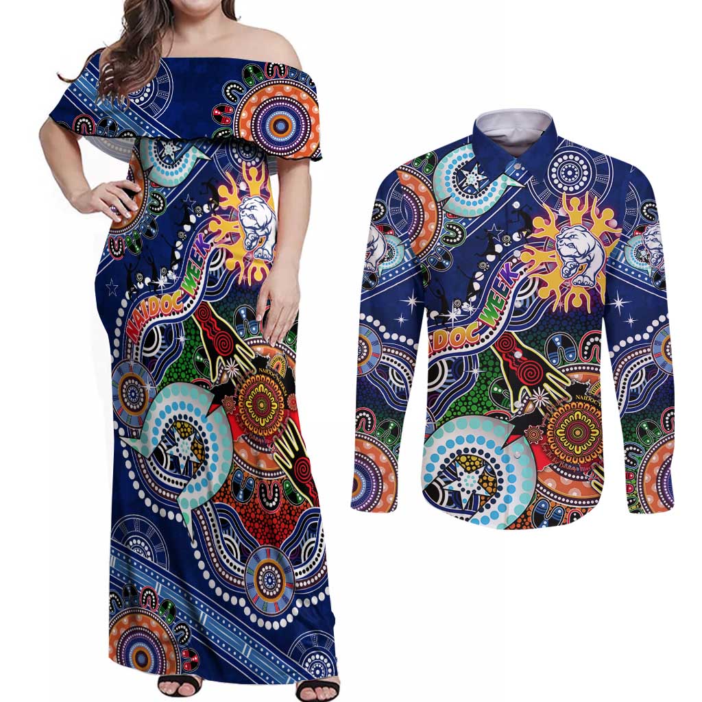 Custom NAIDOC Week 2024 Western Bulldogs Couples Matching Off Shoulder Maxi Dress and Long Sleeve Button Shirt Australia Aboriginal Dot Painting