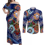 Custom NAIDOC Week 2024 Western Bulldogs Couples Matching Off Shoulder Maxi Dress and Long Sleeve Button Shirt Australia Aboriginal Dot Painting