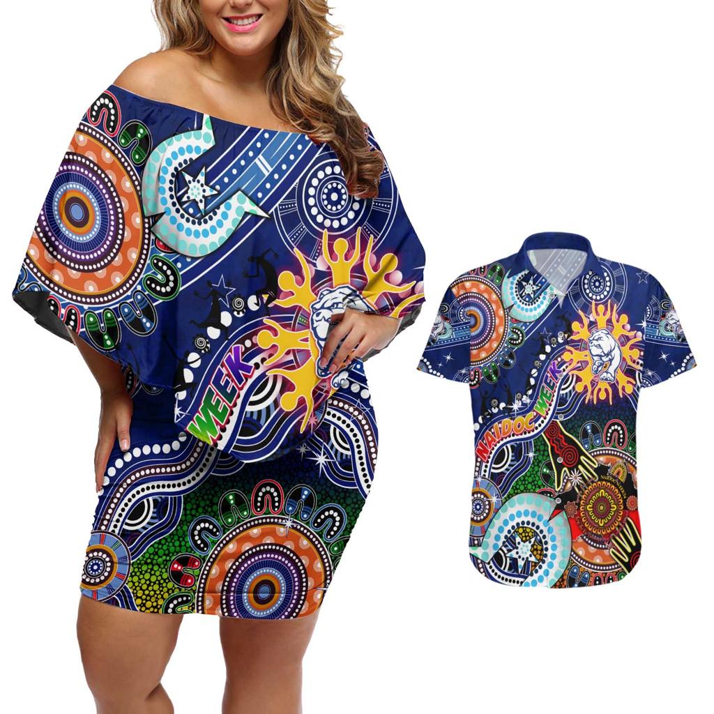 Custom NAIDOC Week 2024 Western Bulldogs Couples Matching Off Shoulder Short Dress and Hawaiian Shirt Australia Aboriginal Dot Painting