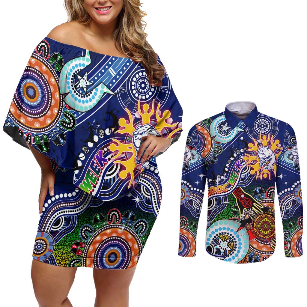 Custom NAIDOC Week 2024 Western Bulldogs Couples Matching Off Shoulder Short Dress and Long Sleeve Button Shirt Australia Aboriginal Dot Painting