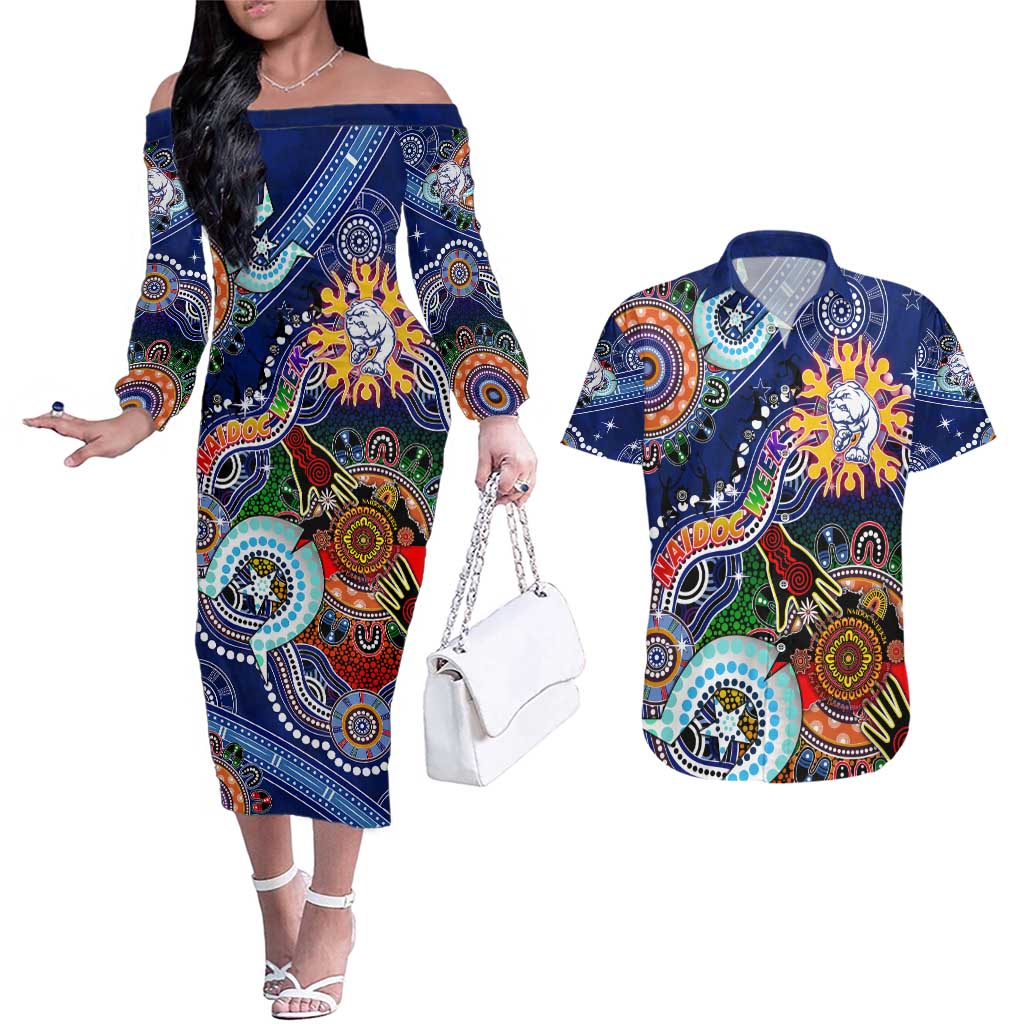 Custom NAIDOC Week 2024 Western Bulldogs Couples Matching Off The Shoulder Long Sleeve Dress and Hawaiian Shirt Australia Aboriginal Dot Painting