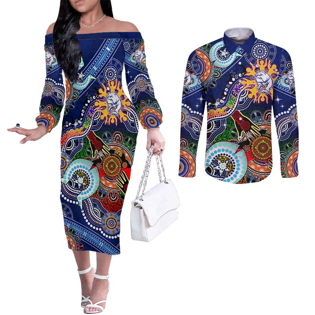 Custom NAIDOC Week 2024 Western Bulldogs Couples Matching Off The Shoulder Long Sleeve Dress and Long Sleeve Button Shirt Australia Aboriginal Dot Painting