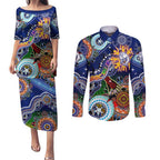 Custom NAIDOC Week 2024 Western Bulldogs Couples Matching Puletasi and Long Sleeve Button Shirt Australia Aboriginal Dot Painting