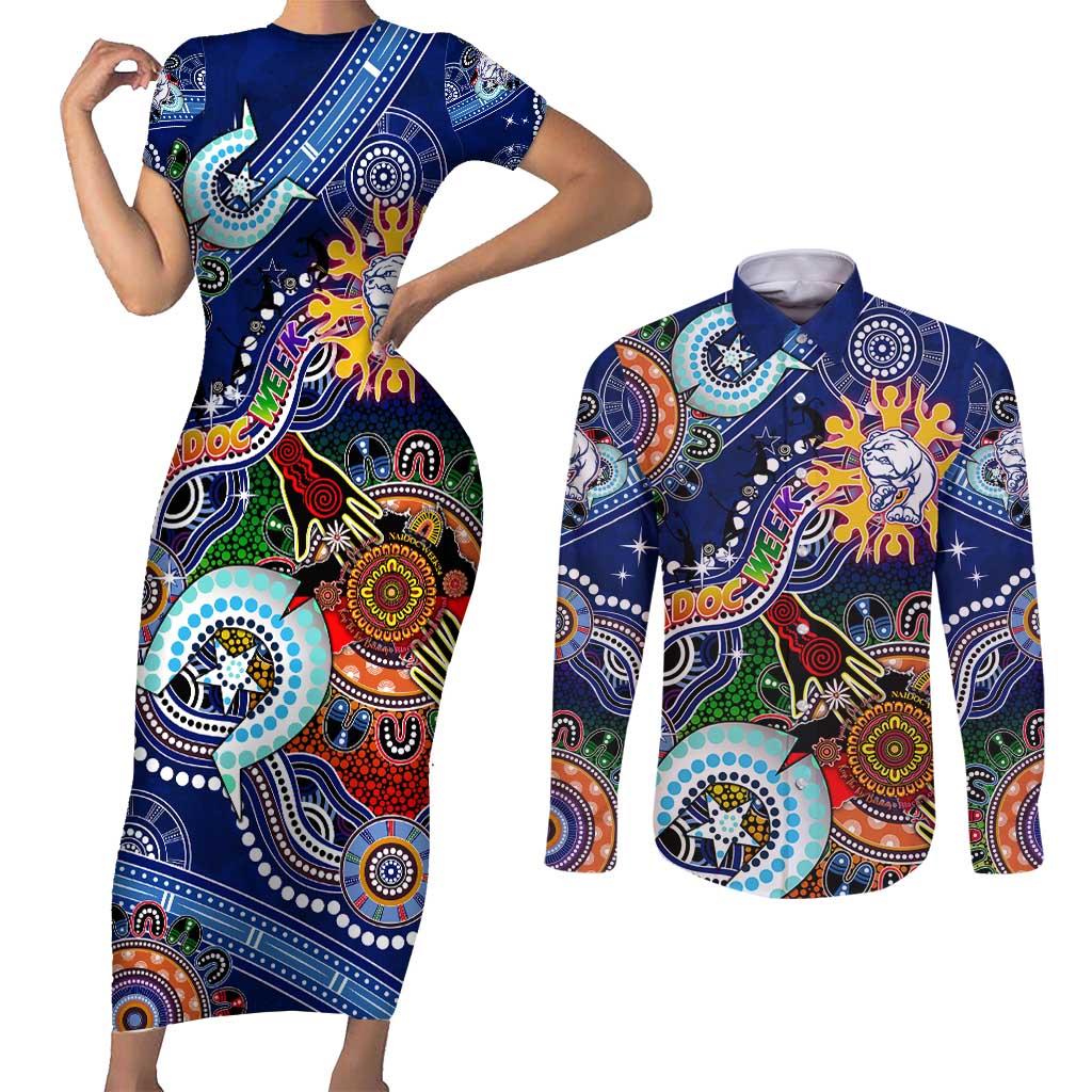 Custom NAIDOC Week 2024 Western Bulldogs Couples Matching Short Sleeve Bodycon Dress and Long Sleeve Button Shirt Australia Aboriginal Dot Painting