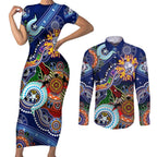 Custom NAIDOC Week 2024 Western Bulldogs Couples Matching Short Sleeve Bodycon Dress and Long Sleeve Button Shirt Australia Aboriginal Dot Painting