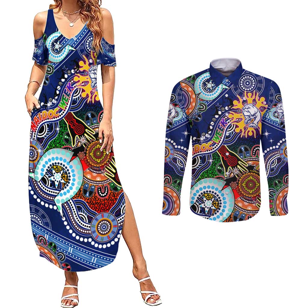 Custom NAIDOC Week 2024 Western Bulldogs Couples Matching Summer Maxi Dress and Long Sleeve Button Shirt Australia Aboriginal Dot Painting