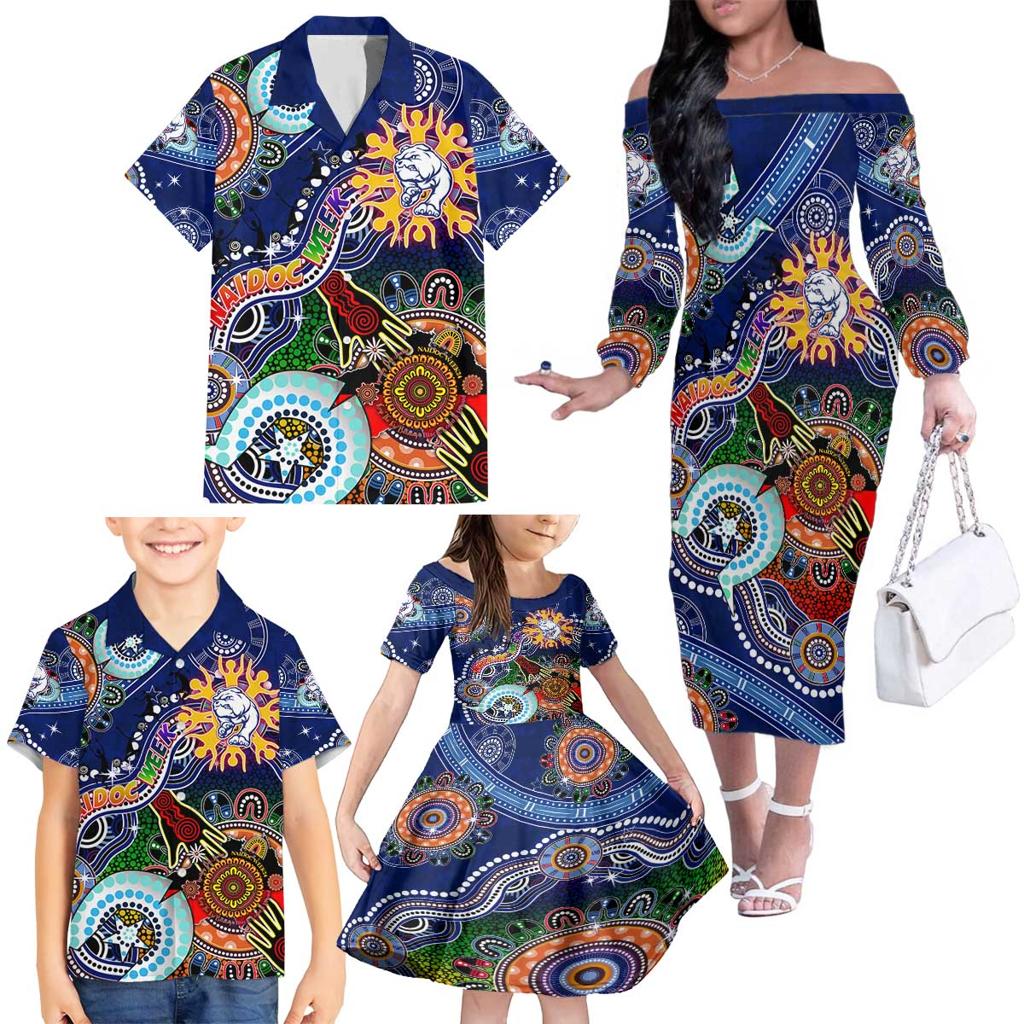 Custom NAIDOC Week 2024 Western Bulldogs Family Matching Off The Shoulder Long Sleeve Dress and Hawaiian Shirt Australia Aboriginal Dot Painting