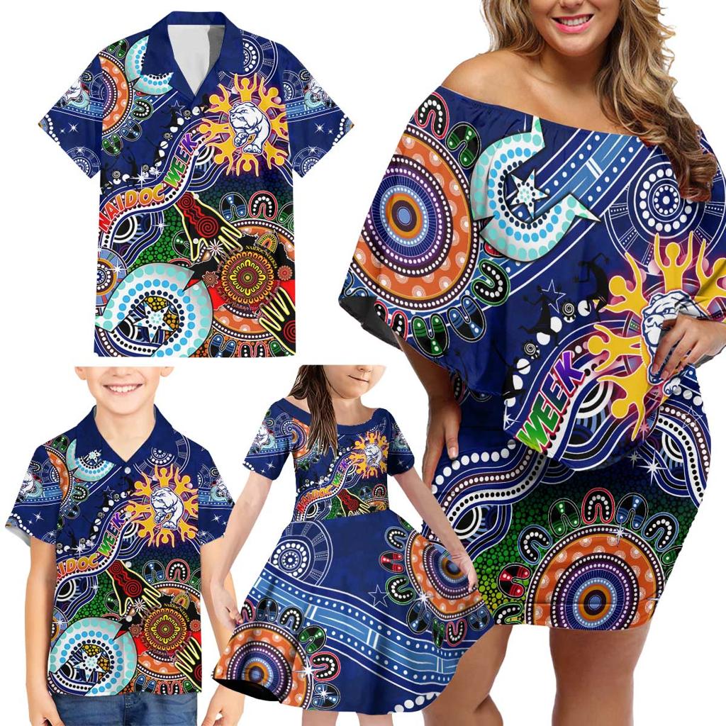 Custom NAIDOC Week 2024 Western Bulldogs Family Matching Off Shoulder Short Dress and Hawaiian Shirt Australia Aboriginal Dot Painting