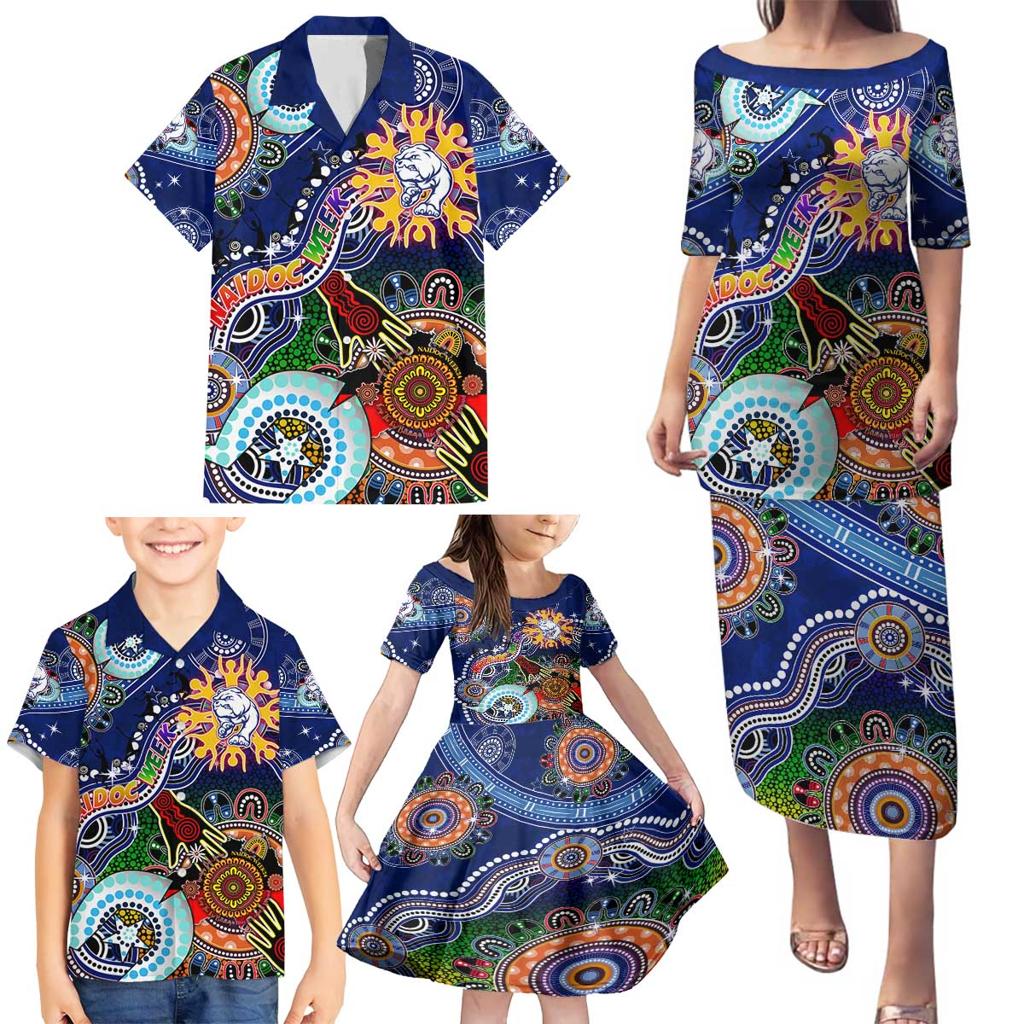 Custom NAIDOC Week 2024 Western Bulldogs Family Matching Puletasi and Hawaiian Shirt Australia Aboriginal Dot Painting
