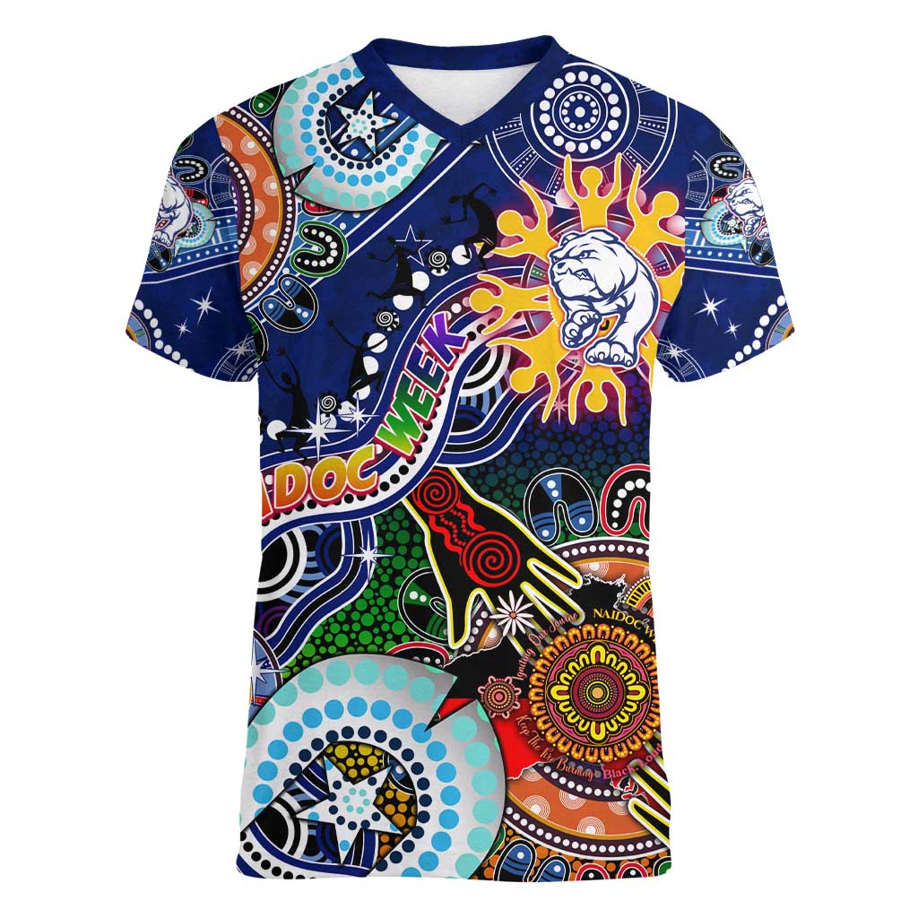 Custom NAIDOC Week 2024 Western Bulldogs Women V-Neck T-Shirt Australia Aboriginal Dot Painting