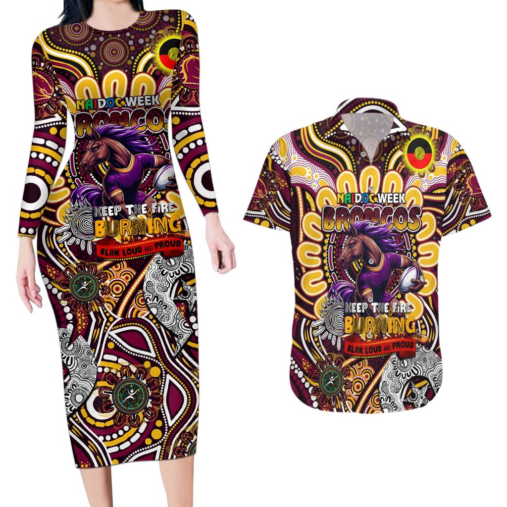 Custom NAIDOC Week 2024 Broncos Couples Matching Long Sleeve Bodycon Dress and Hawaiian Shirt Mascot Rugby