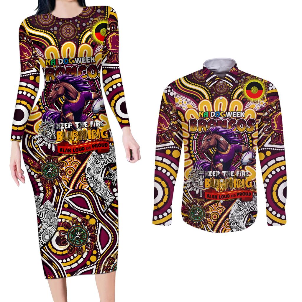 Custom NAIDOC Week 2024 Broncos Couples Matching Long Sleeve Bodycon Dress and Long Sleeve Button Shirt Mascot Rugby