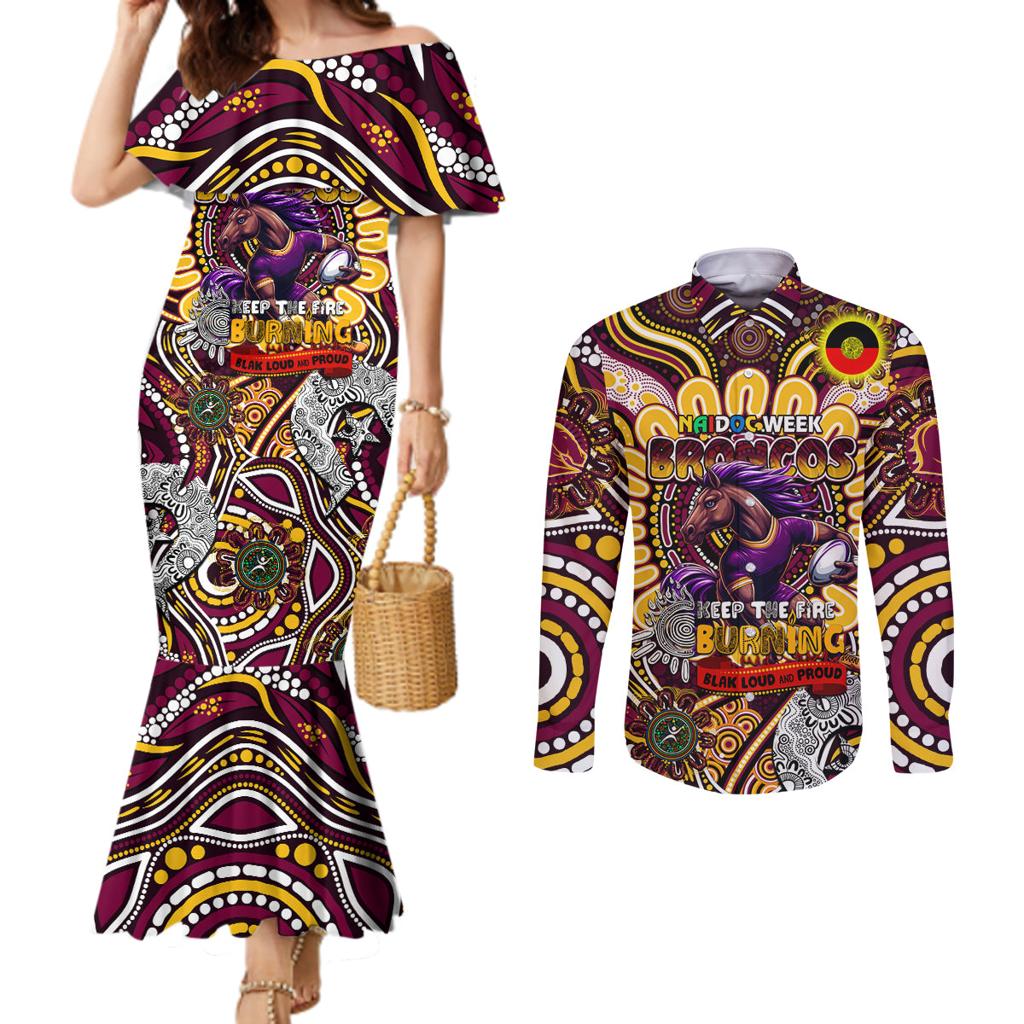 Custom NAIDOC Week 2024 Broncos Couples Matching Mermaid Dress and Long Sleeve Button Shirt Mascot Rugby