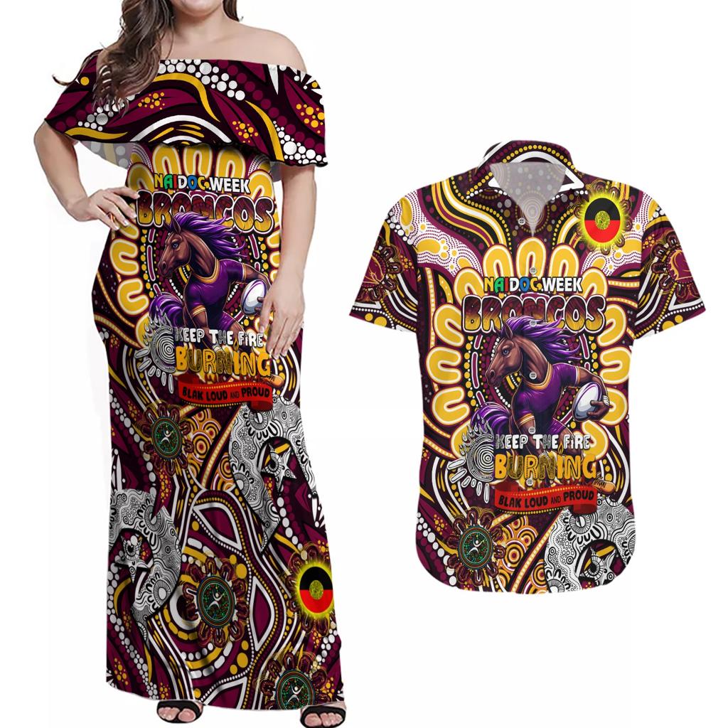 Custom NAIDOC Week 2024 Broncos Couples Matching Off Shoulder Maxi Dress and Hawaiian Shirt Mascot Rugby