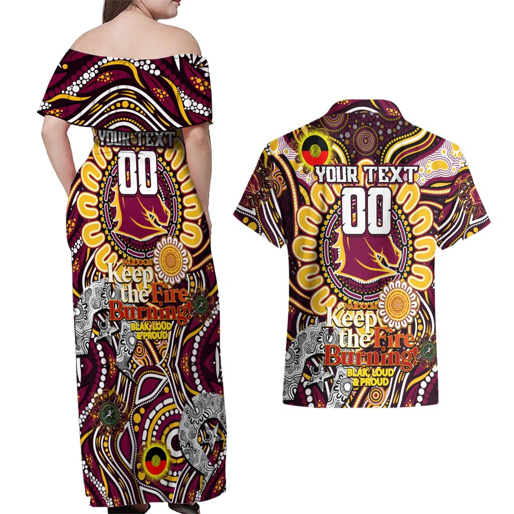 Custom NAIDOC Week 2024 Broncos Couples Matching Off Shoulder Maxi Dress and Hawaiian Shirt Mascot Rugby