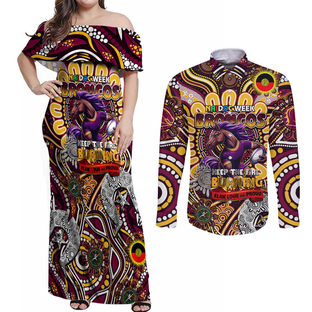 Custom NAIDOC Week 2024 Broncos Couples Matching Off Shoulder Maxi Dress and Long Sleeve Button Shirt Mascot Rugby