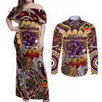 Custom NAIDOC Week 2024 Broncos Couples Matching Off Shoulder Maxi Dress and Long Sleeve Button Shirt Mascot Rugby