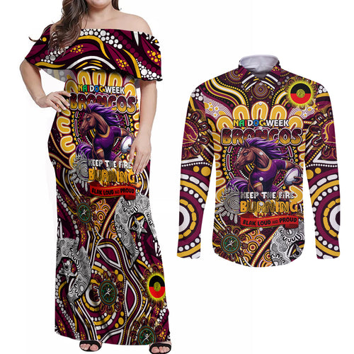 Custom NAIDOC Week 2024 Broncos Couples Matching Off Shoulder Maxi Dress and Long Sleeve Button Shirt Mascot Rugby