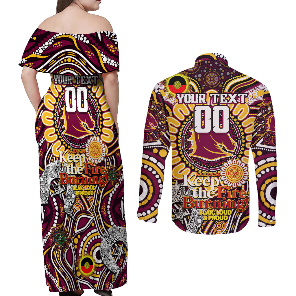 Custom NAIDOC Week 2024 Broncos Couples Matching Off Shoulder Maxi Dress and Long Sleeve Button Shirt Mascot Rugby