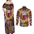 Custom NAIDOC Week 2024 Broncos Couples Matching Off Shoulder Maxi Dress and Long Sleeve Button Shirt Mascot Rugby