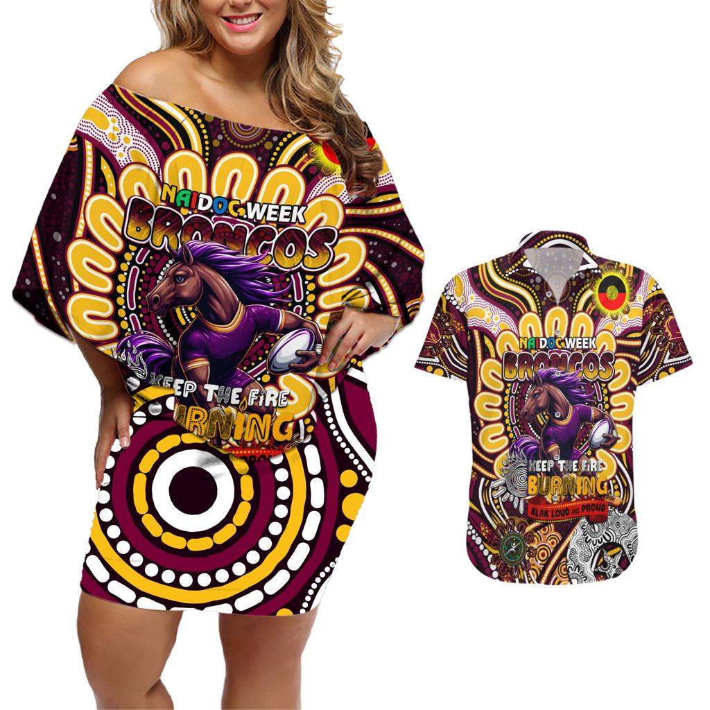 Custom NAIDOC Week 2024 Broncos Couples Matching Off Shoulder Short Dress and Hawaiian Shirt Mascot Rugby