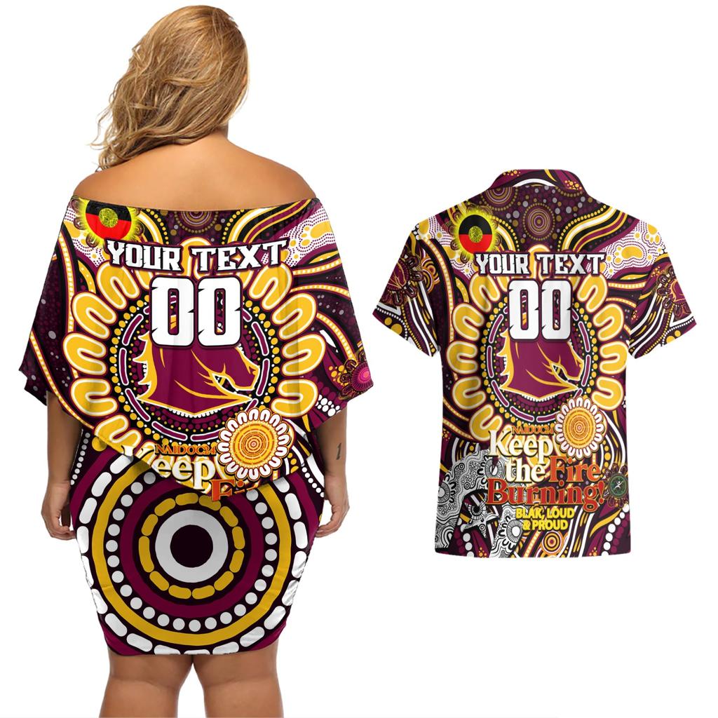 Custom NAIDOC Week 2024 Broncos Couples Matching Off Shoulder Short Dress and Hawaiian Shirt Mascot Rugby
