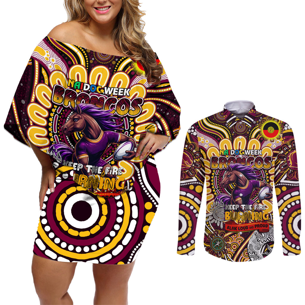 Custom NAIDOC Week 2024 Broncos Couples Matching Off Shoulder Short Dress and Long Sleeve Button Shirt Mascot Rugby