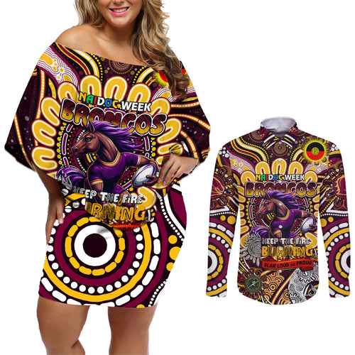 Custom NAIDOC Week 2024 Broncos Couples Matching Off Shoulder Short Dress and Long Sleeve Button Shirt Mascot Rugby