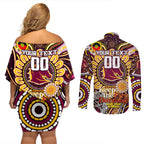 Custom NAIDOC Week 2024 Broncos Couples Matching Off Shoulder Short Dress and Long Sleeve Button Shirt Mascot Rugby